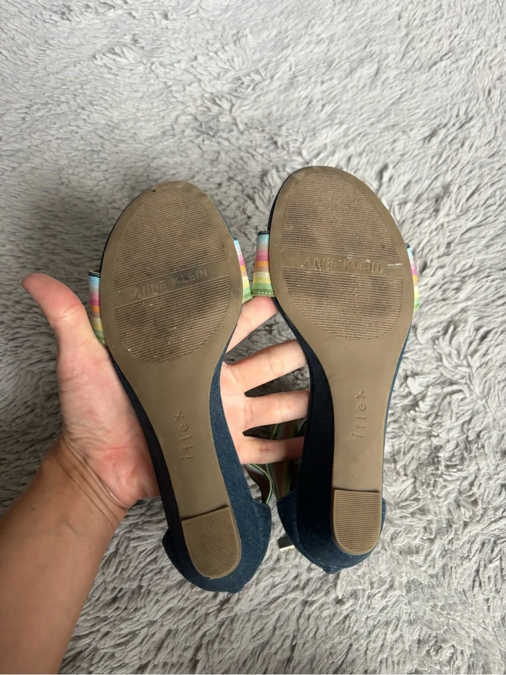 Anne Klein Denim Wedge bright rainbow strap Iflex Akvedette sandal Size 8